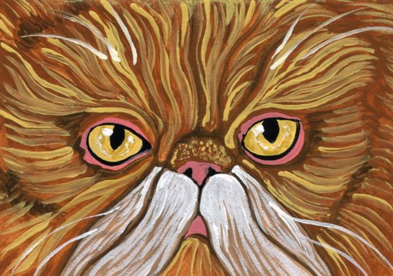 ACEO ATC Original Miniature Painting Orange Persian Cat Pet Feline Art-Carla Smale