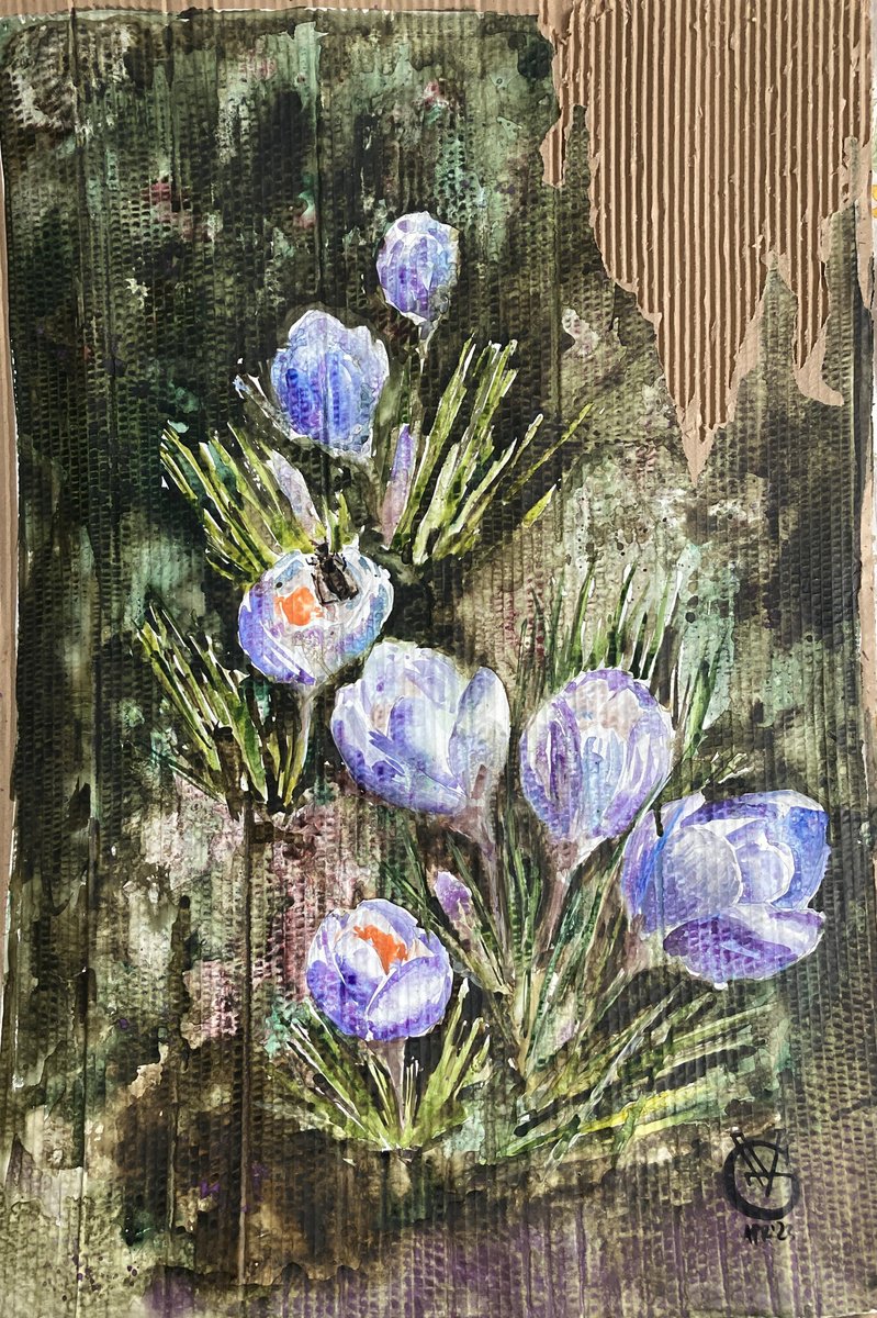 Impressionistic Botanical Painting By Valeria Golovenkina, 21 X 30", Crocuses - First Spring Away From Home, Original Artwork