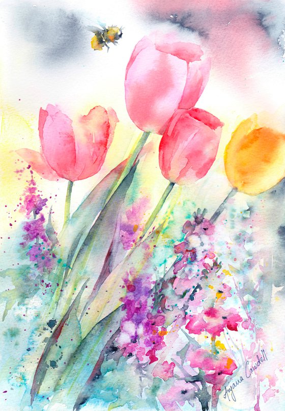 Bee painting, Tulip painting, floral art, watercolour, watercolour, Spring