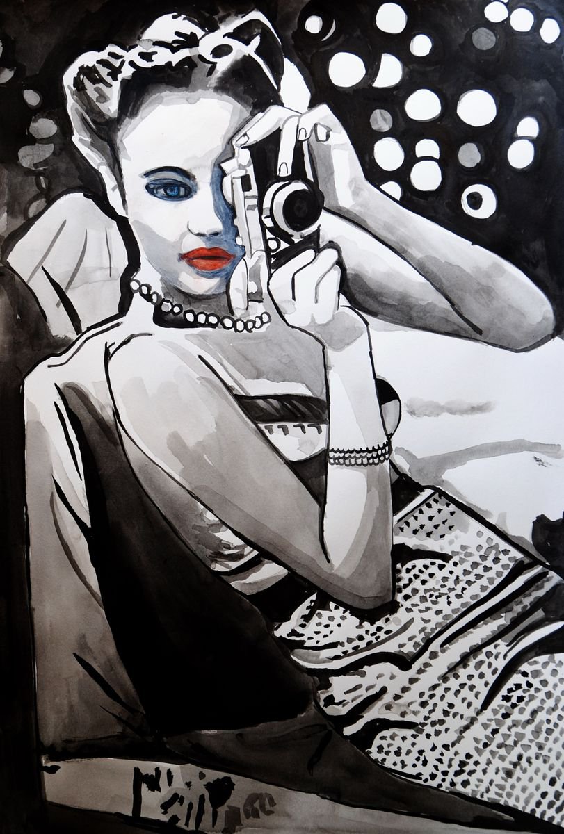 Urban And Pop Portrait Ink Drawing By Alexandra Djokic, 14 X 20, Girl With Camera, Original Artwork