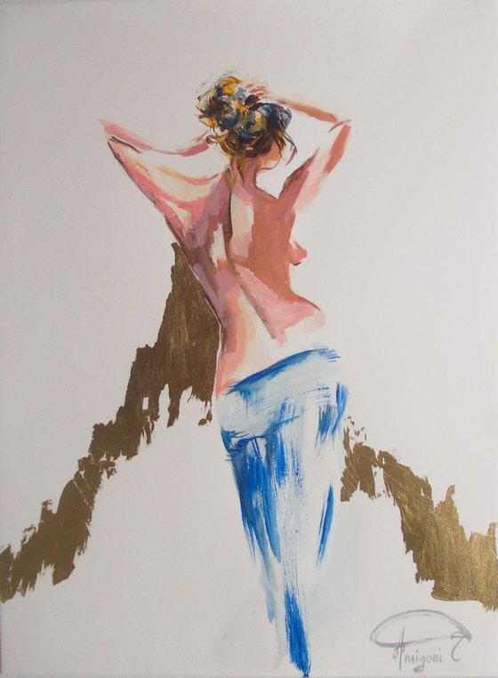 Nude Study -Golden Hour II- Mixed Media Nude Woman  Painting on Paper