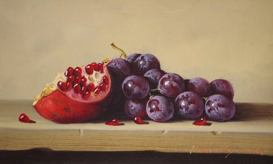 Still Life, Fruits, Pomegranate and Grapes Original oil Painting, Classic Art, Handmade painting, One of a Kind