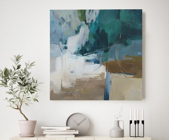 "Influence 2" Abstract teal green acrylic art