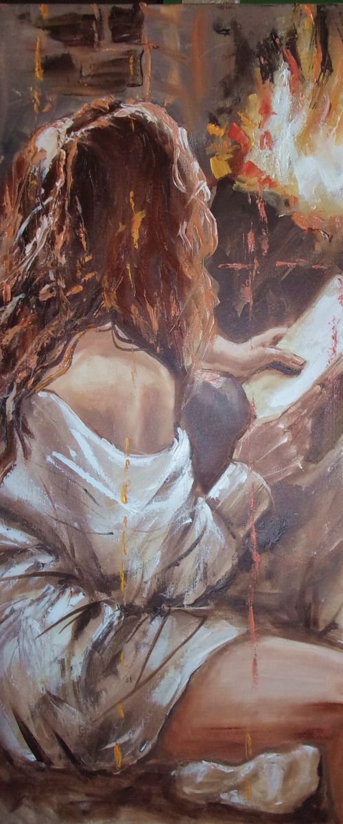 " GOOD TIME FOR A GOOD BOOK "  original OIL painting palette knife GIFT MODERN URBAN ART OFFICE ART DECOR HOME DECOR GIFT IDEA by Monika Luniak
