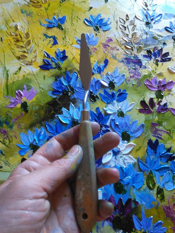 Cornflowers Painting Floral Original Art Meadow Flowers Canvas Artwork Wild Flowers Oil Impasto Pallete Knife Painting Home Wall Art 18 by 24" by Halyna Kirichenko