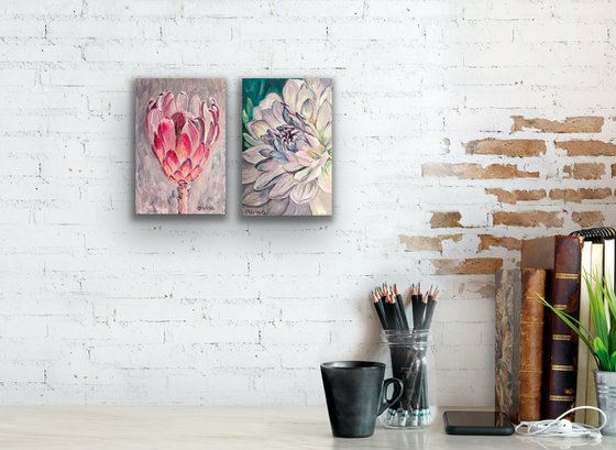 Set of 2 Purple chrysanthemum and Protea flower on silver background, oil original painting, botanical drawing