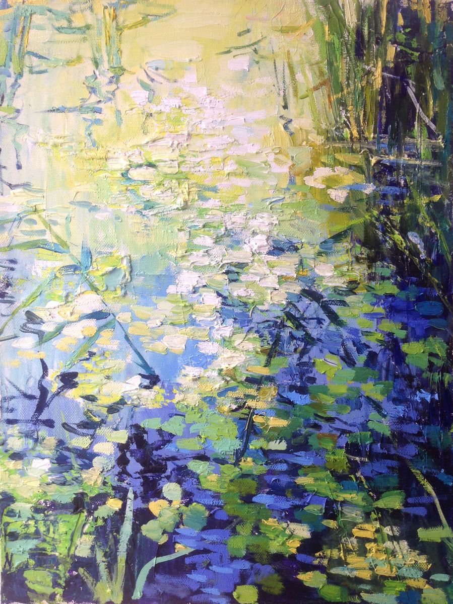 Early morning over the water lilies pond morning light oil painting water river lily by Nataliia Nosyk