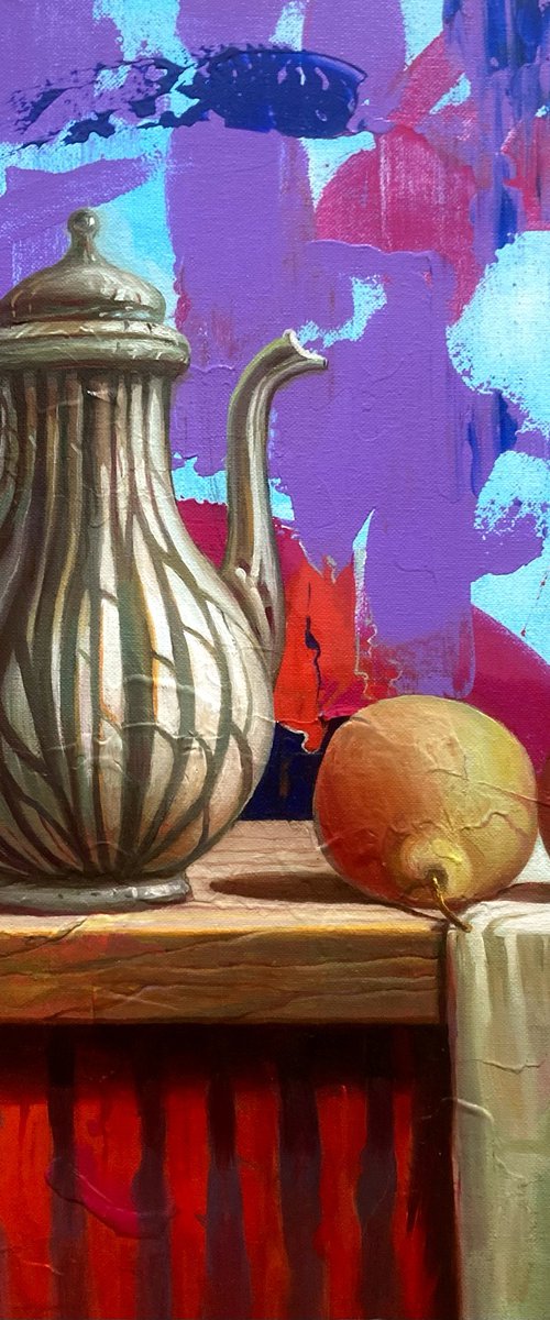 Still life with jug and pears by Olena Romanenko