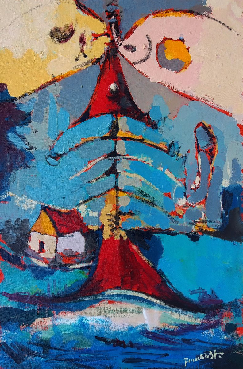 Abstract Oil Painting By Artyom Basenci, 16 X 24, Abstract - House (60X40Cm, Oil Painting, Ready To Hang), Original Artwork