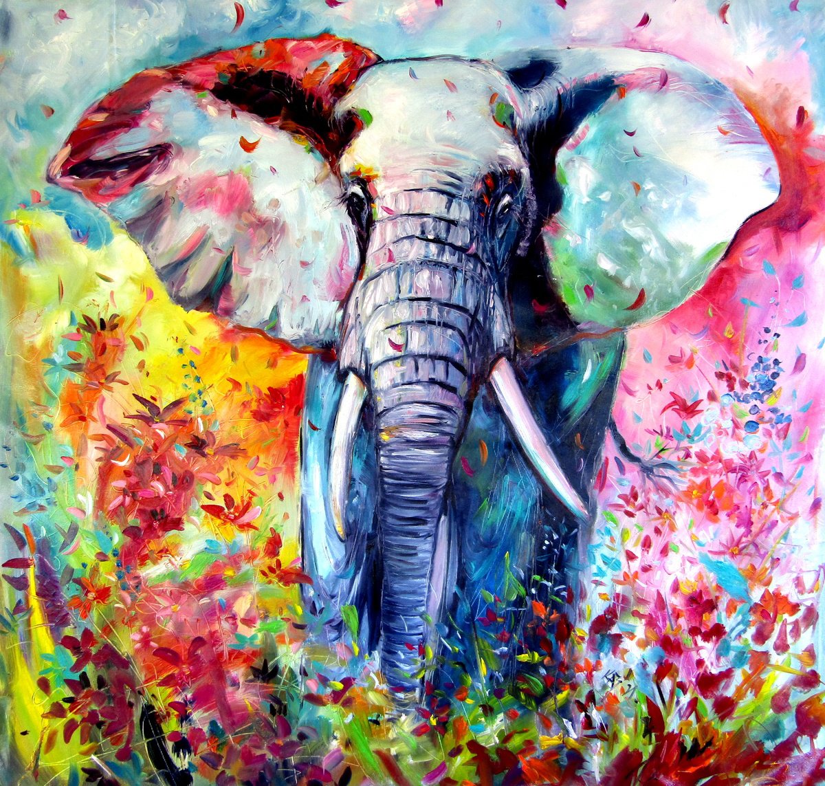Impressionistic Animal Oil Painting By Kovacs Anna Brigitta, 43 X 41", Majestic Elephant With Flowers, Original Artwork