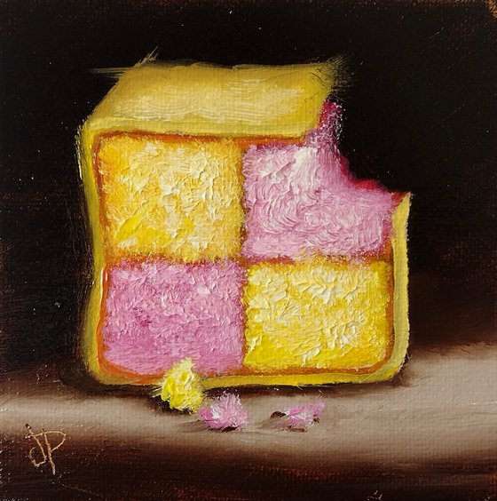 Little Battenberg cake slice still life