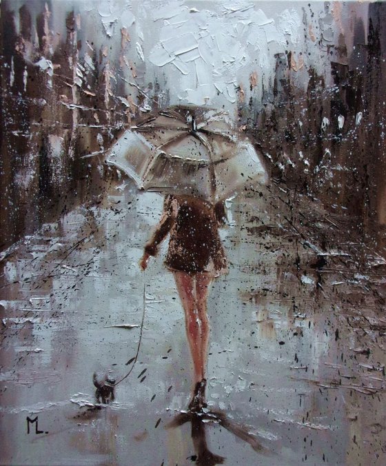 " LITTLE FRIEND IN BIG CITY "  RAIN street AUTUMN winter original painting CITY palette knife GIFT