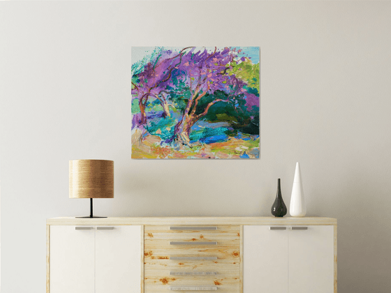 Spring impressions. 70x80 cm. Lilac blossom.  Large spring impressionistic oil painting .