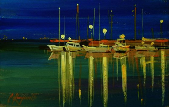 Night pier, original painting 30x19 cm