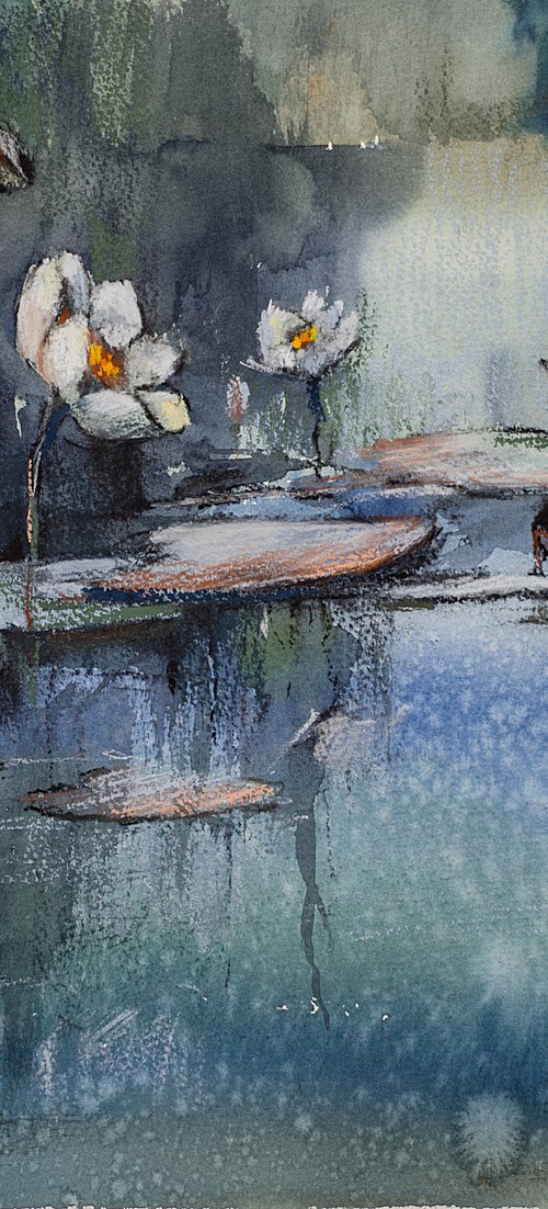 Waterlilies. Mixed media painting. Medium size green moody water monet impressionistic texture interior gift idea by Sasha Romm