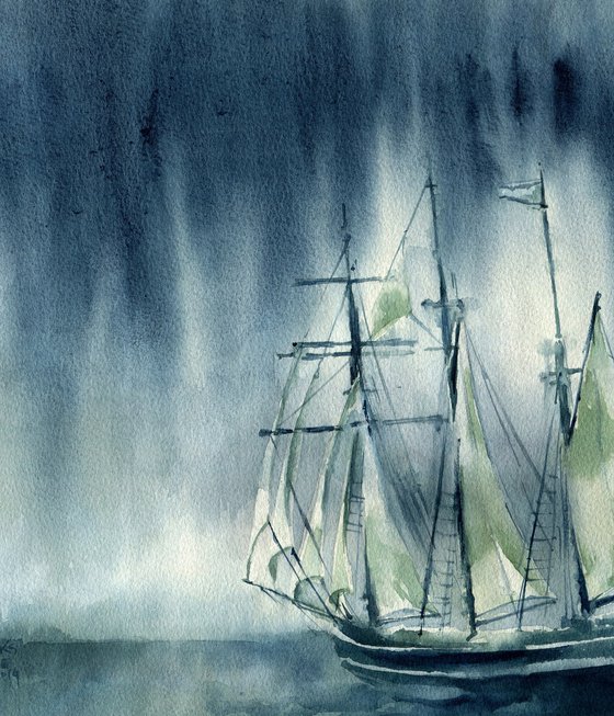 "The storm will die down" - Sea romantic watercolor landscape with a sailboat against the backdrop of a dramatic sky