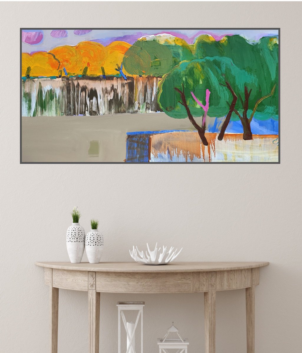 Impressionistic Landscape Oil Painting By Victoria Cozmolici, 47 X 24", Early Autumn, Original Artwork