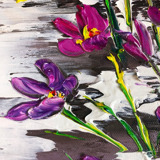 LILIES IN THE SNOW - Spring. Lilies. Snow. Abstract flowers. Melt. Bloom. Purple. Sprouts.