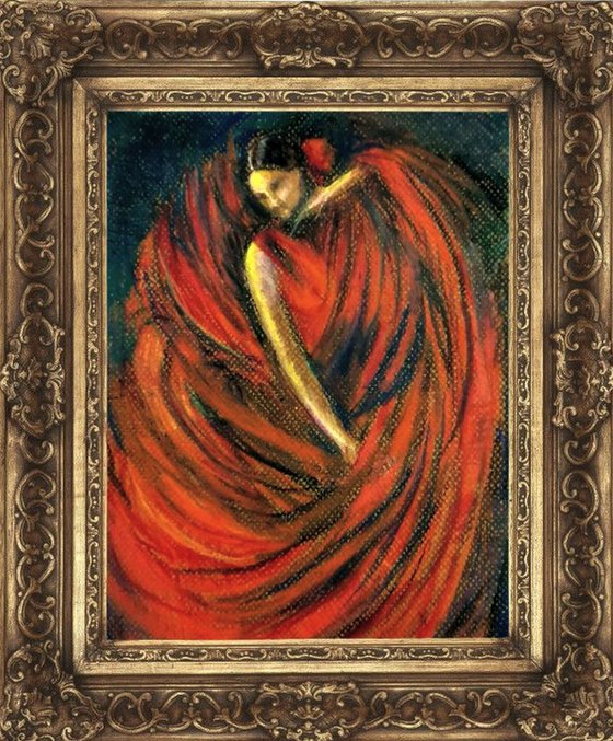 The Flamenco dancer in red Oil Pastel art on paper 11.75"x 8.25"