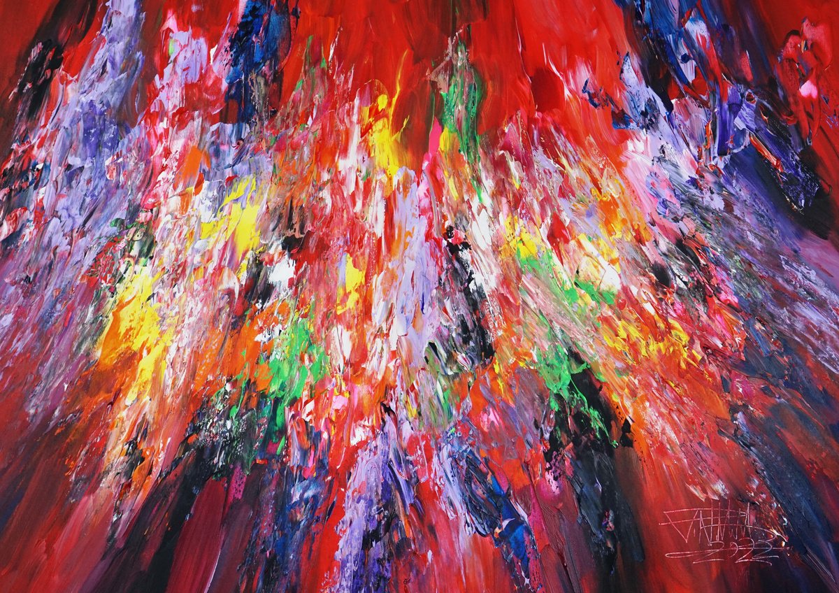 Abstract Acrylic Painting By Peter Nottrott, 47 X 33", Red Daydream M 2, Original Artwork