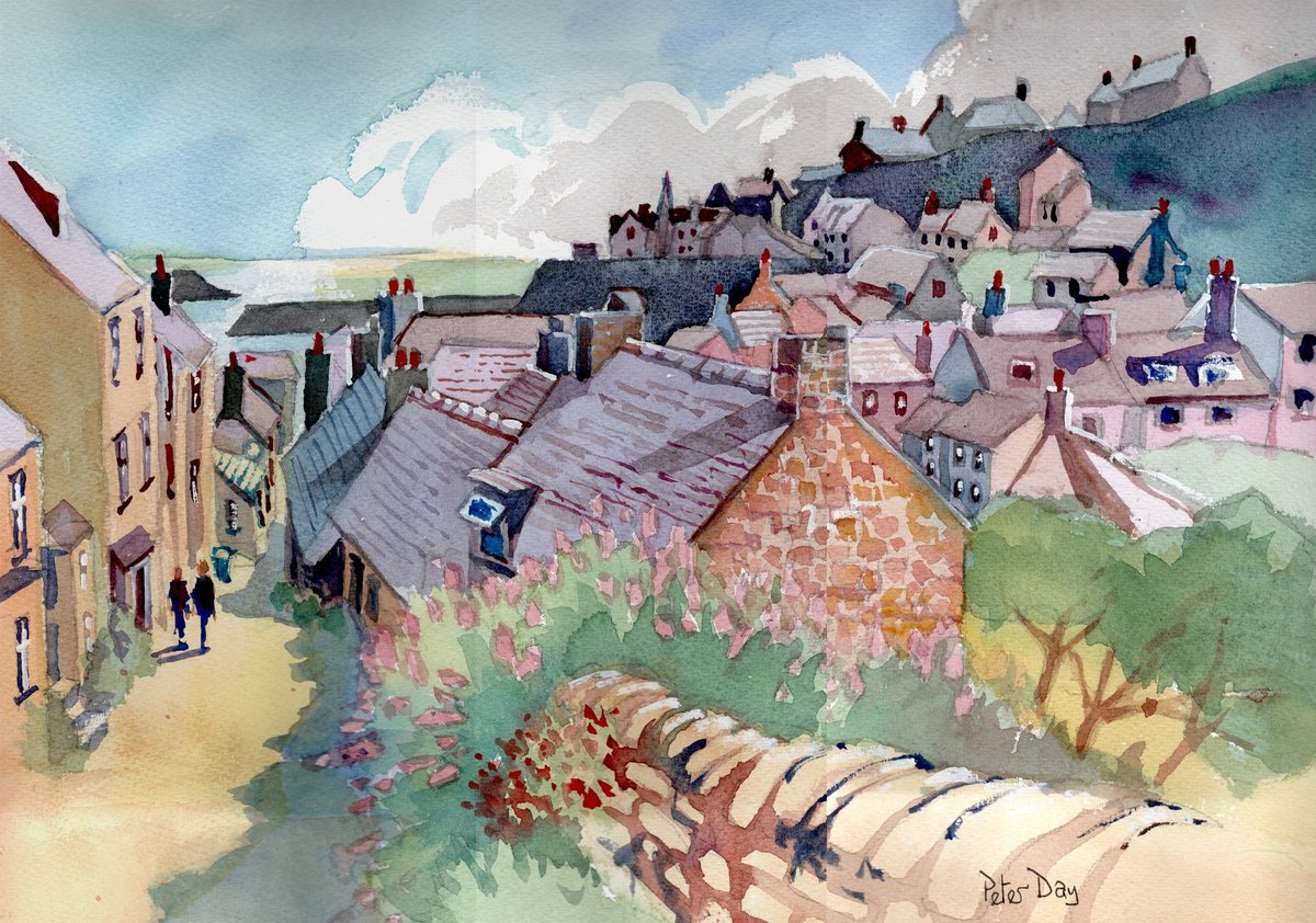 Impressionistic Landscape Watercolour By Peter Day, 17 X 13", Port Isaac From Church Hill, Original Artwork