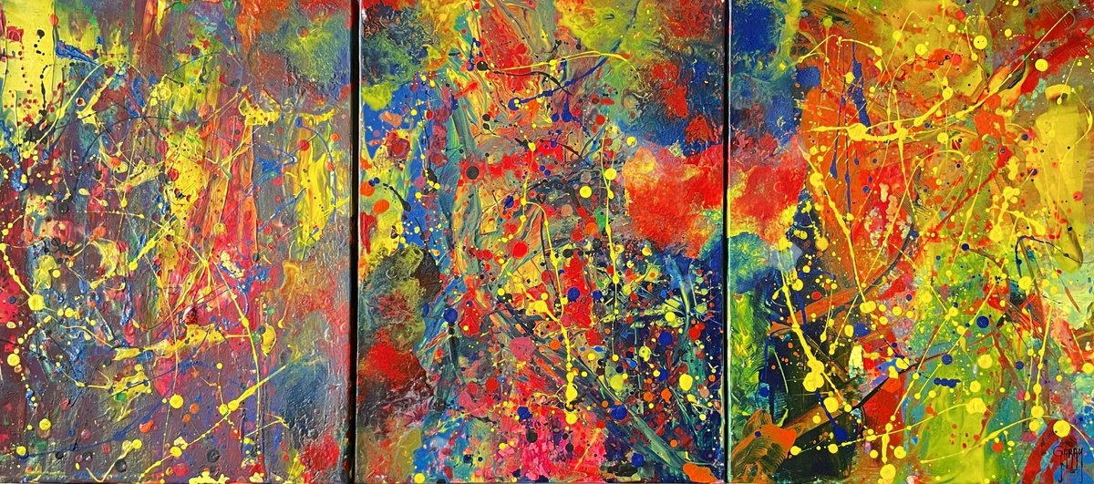 Abstract Acrylic Painting By Juan Jose Garay, 35 X 16", Triptych-Echoes Of Peace, Original Artwork