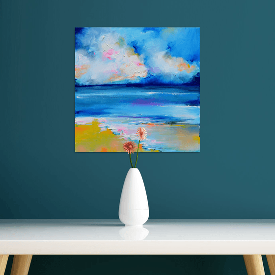 New Horizon 164 - 40x40 cm, Colourful Seascape, Sunset Painting, Impressionistic Colorful Painting, Large Modern Ready to Hang Abstract Landscape, Pink Sunset, Sunrise, Ocean Shore