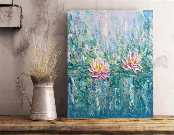 Pink Water Lilies - Impasto Acrylic Flower Painting(2019)