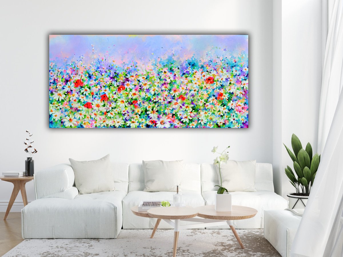 Impressionistic Botanical Acrylic Painting By Soos Roxana Gabriela, 59 X 28", White Daisy And Red Poppy Field, Original Artwork