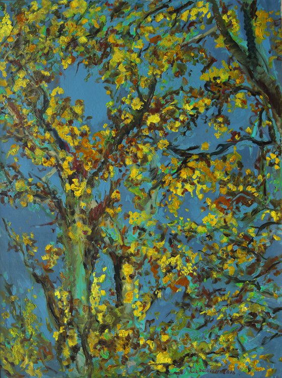 AUTUMN RHAPSODY. RELICT FOREST IN SAMUR - XXL large original painting, oil on canvas,  plants trees, blue yellow, ecology, love, landscape, impressionism,  interior art