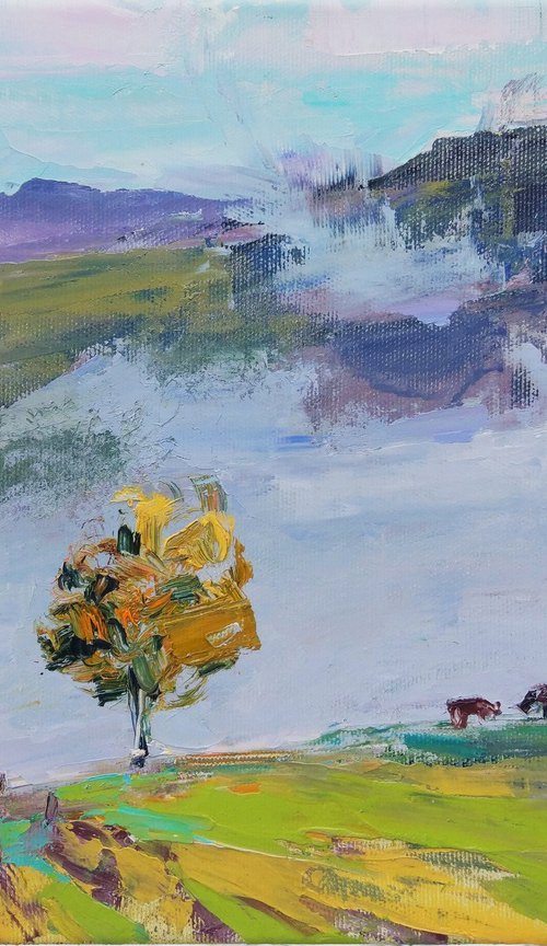 In the mountains | Sunny meadow and morning mist | Cows | Moments of autumn | Original oil painting by Helen Shukina