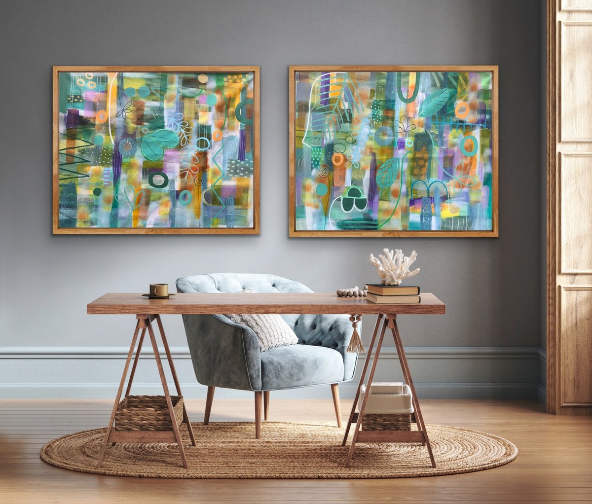Rashna Hackett | Original Acrylic Painting | Go With The Flow (Diptych) | 224 X 94Cm | Artwork For Sale On Artfinder