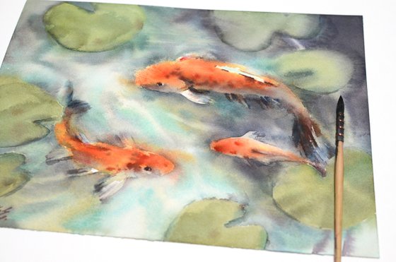 Koi fish in watercolor Bright natural pond