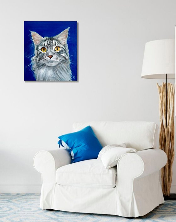 Grey Cat, Cat Oil Painting Maine Coon Original Art Pet Artwork 45x50 cm, ready to hang.