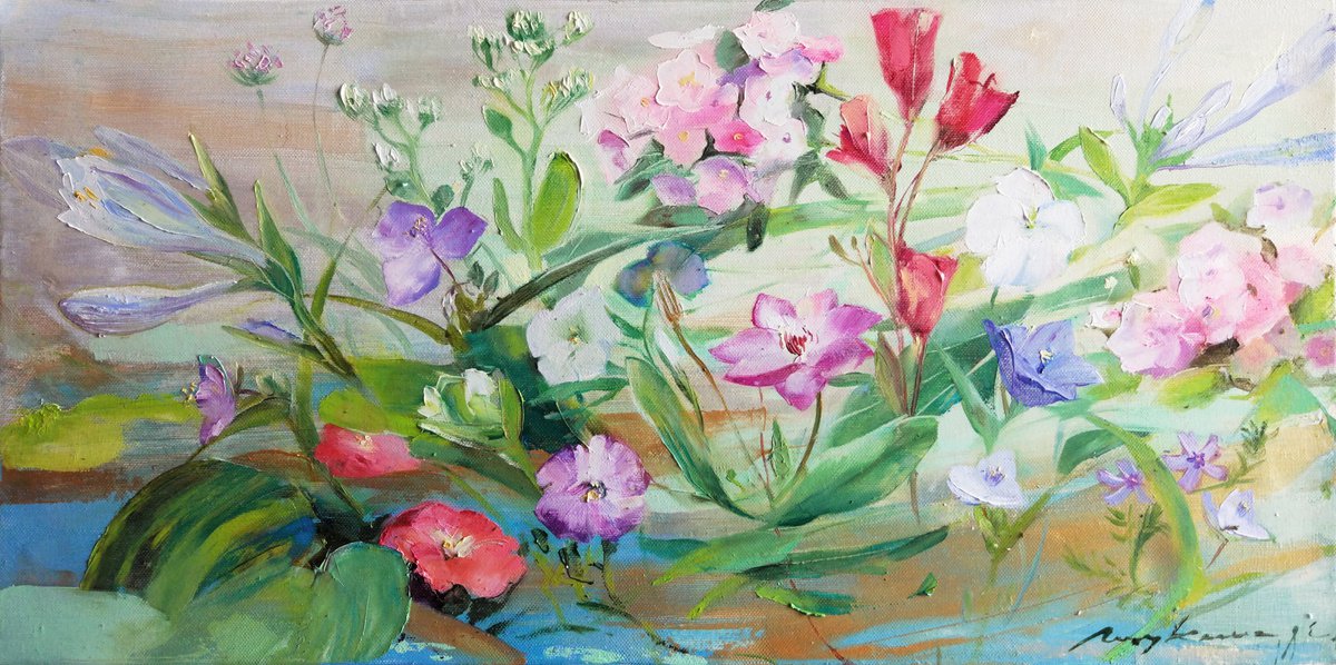 Impressionistic Botanical Oil Painting By Helen Shukina, 24 X 12, Melody Of The Garden, Original Artwork