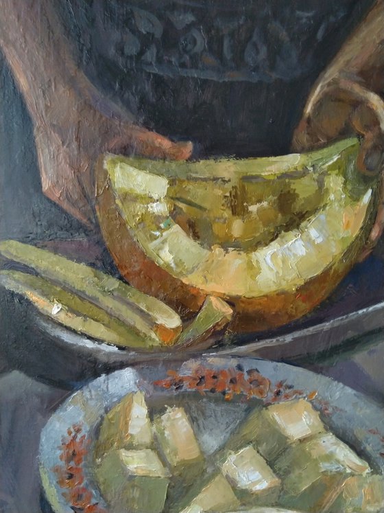 Melon-Still life(50x35cm, oil painting, ready to hang)