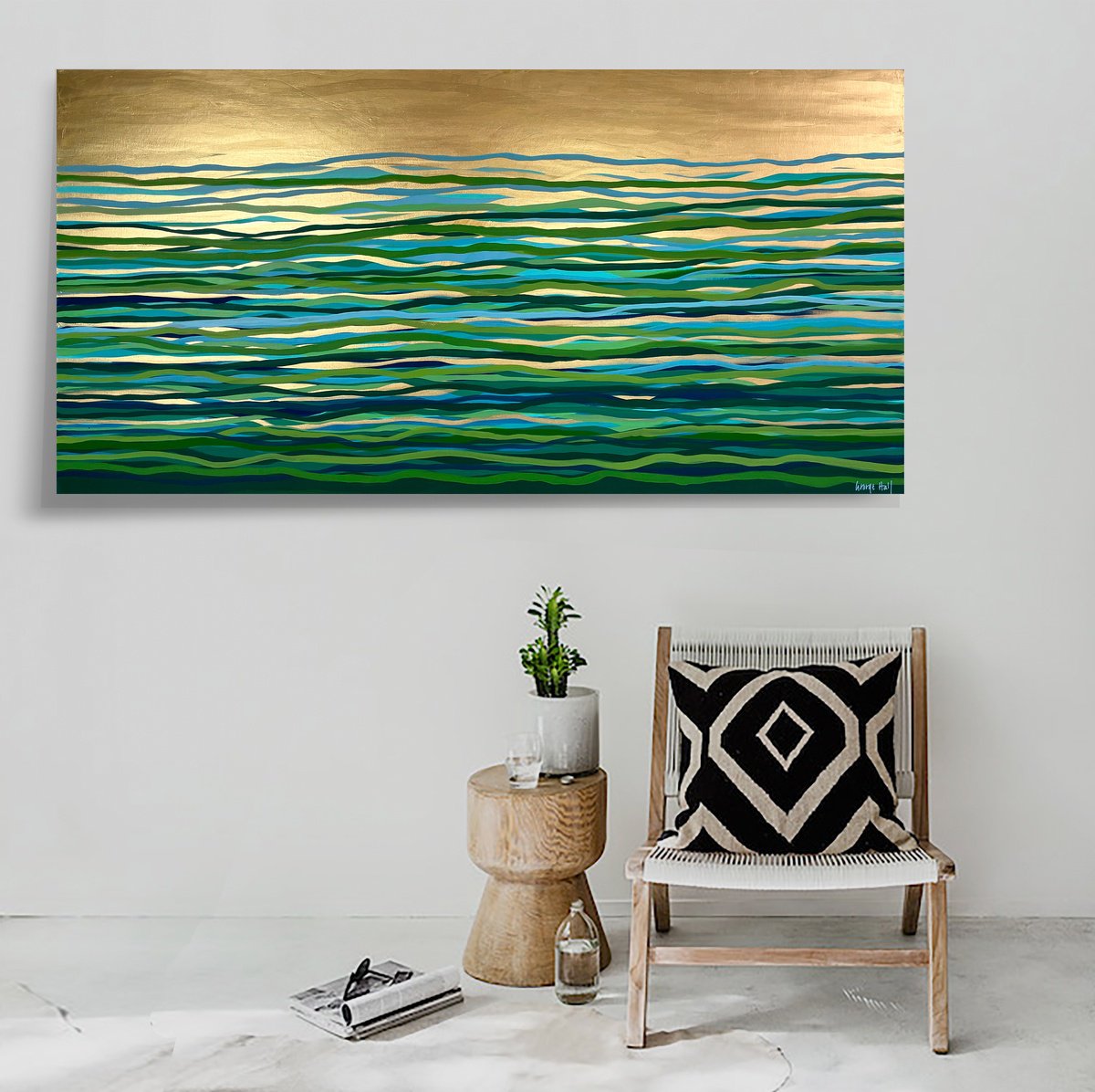 Green Current - 152 x 76 cm - gold paint and acrylic on canvas by George Hall