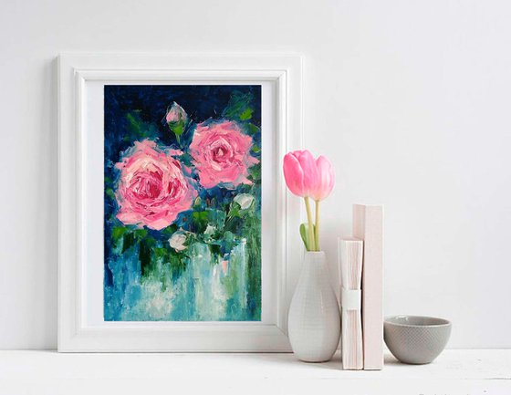 Pink Roses Painting Original Art Floral Artwork Flower Bouquet Wall Art