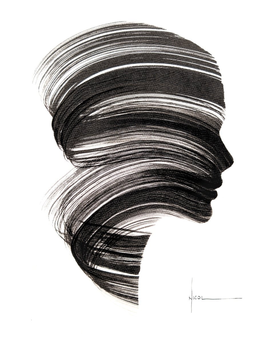 Portrait Ink Drawing By Nicol Vacaru, 12 X 15", Whisper In The Wind, Original Artwork