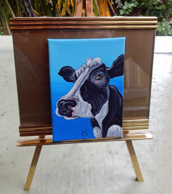 ACEO ATC Original Painting Black Cow Farmyard Art-Carla Smale