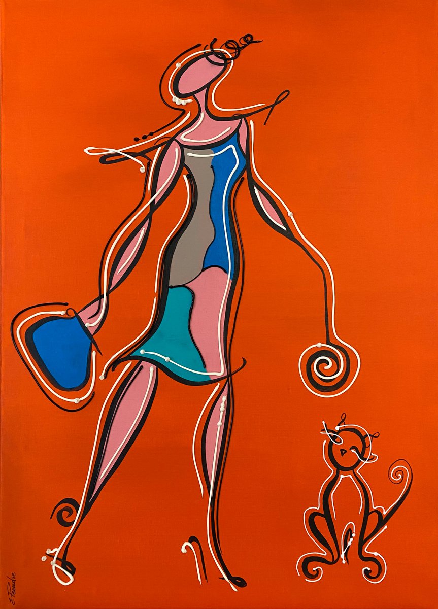 Abstract Portrait Acrylic Painting By Eka Peradze, 20 X 28, Woman And Cat Painting Acrylic Eka Peradze Art., Original Artwork
