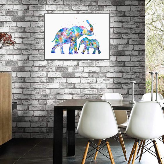 Family of elephants, colorful watercolor animals