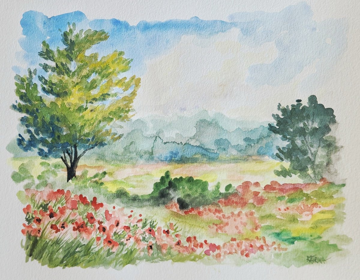 Impressionistic Landscape Watercolour By Katrina Case, 15 X 12", Where The Meadow Waits, Original Artwork