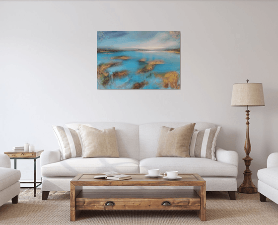 A large abstract beautiful structured mixed media painting of a lake "On the lakeshore"