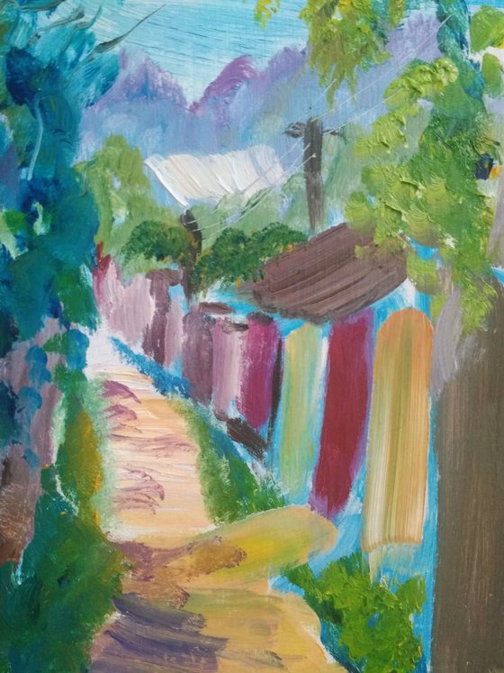 Sunny Street in the Village Plein Air Oil Painting