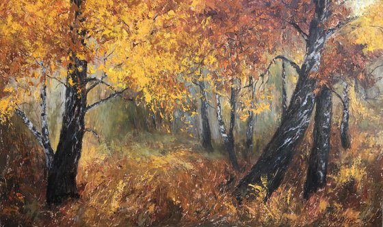 Autumn painting, Autumn in the forest, Landscape Artwork, Knife Palette