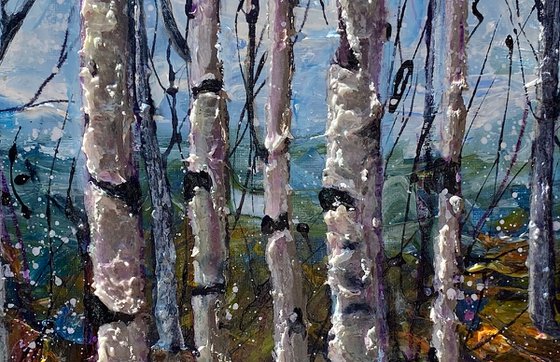 Winter landscape with  Birch Trees -   Impasto Original Painting  (palette knife)