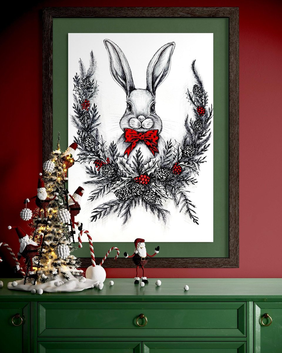 Animal Ink Drawing By Maria Tuzhilkina, 11 X 17", Christmas Bunny, Original Artwork