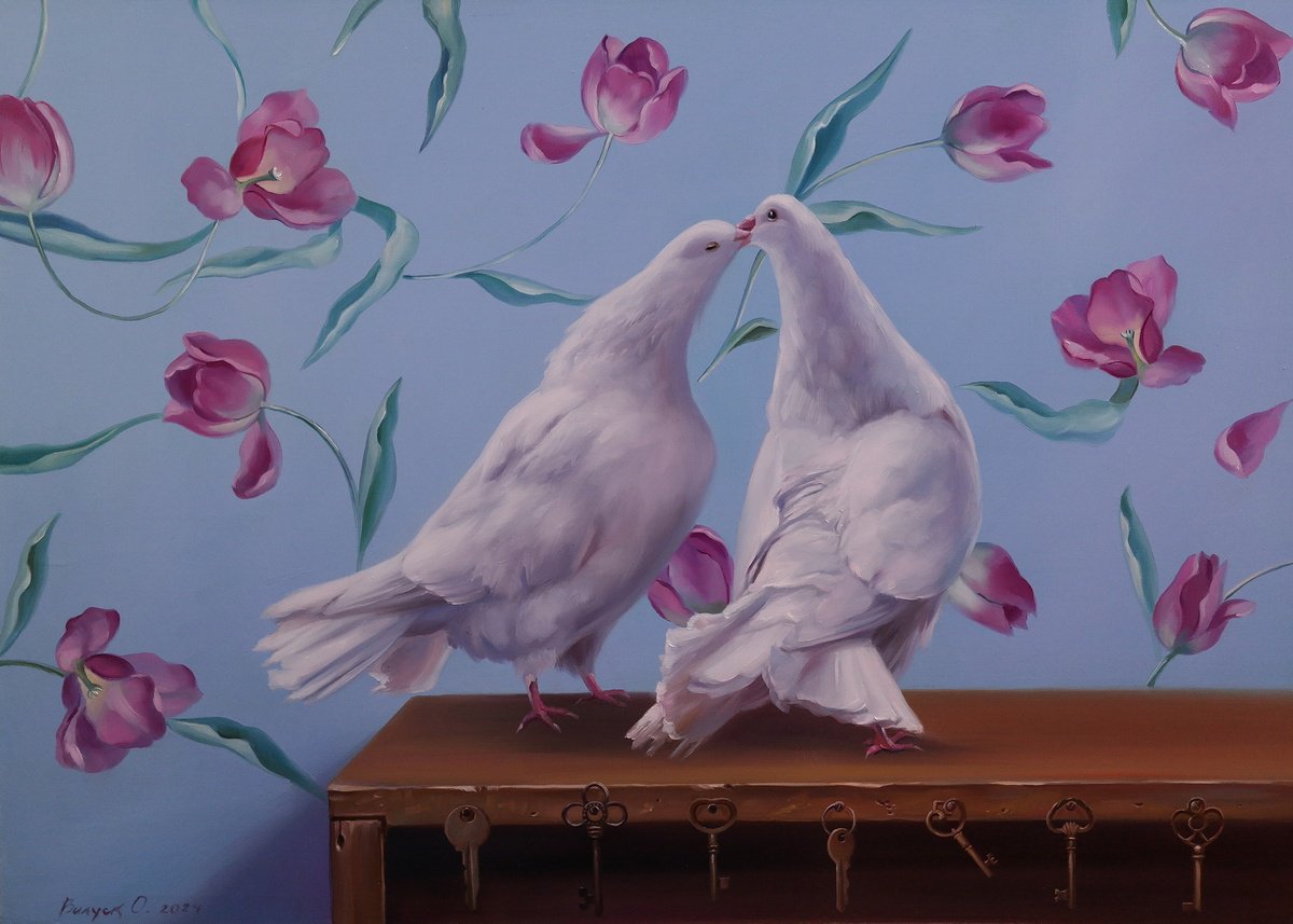 Illustrative Animal Oil Painting By Lena Vylusk, 28 X 20", "Kiss", Original Artwork