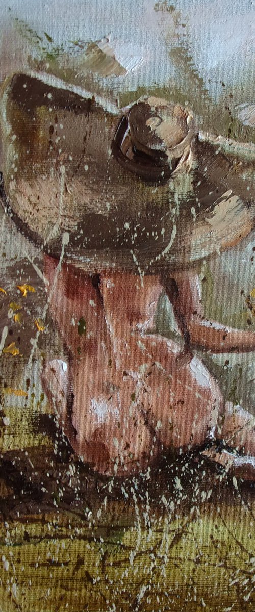 " LADY WITH SUNFLOWERS ... " original painting MEADOW summer palette knife GIFT by Monika Luniak